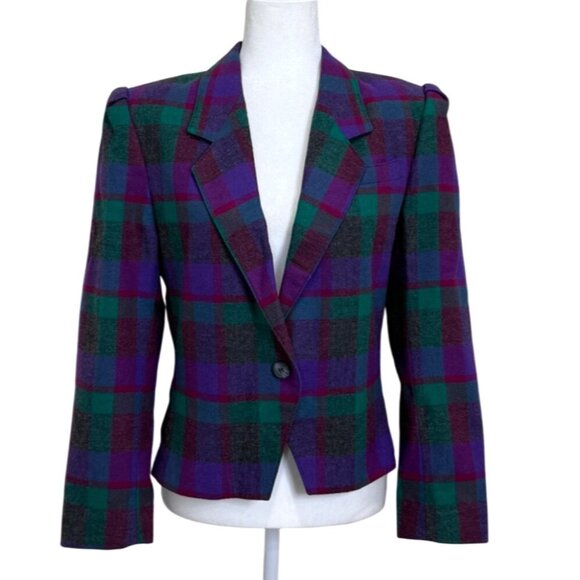 Country Suburbans Jackets & Blazers - Country Suburbans Womens Wool Plaid Blazer Vintage 80s 90s Purple Green Size 8